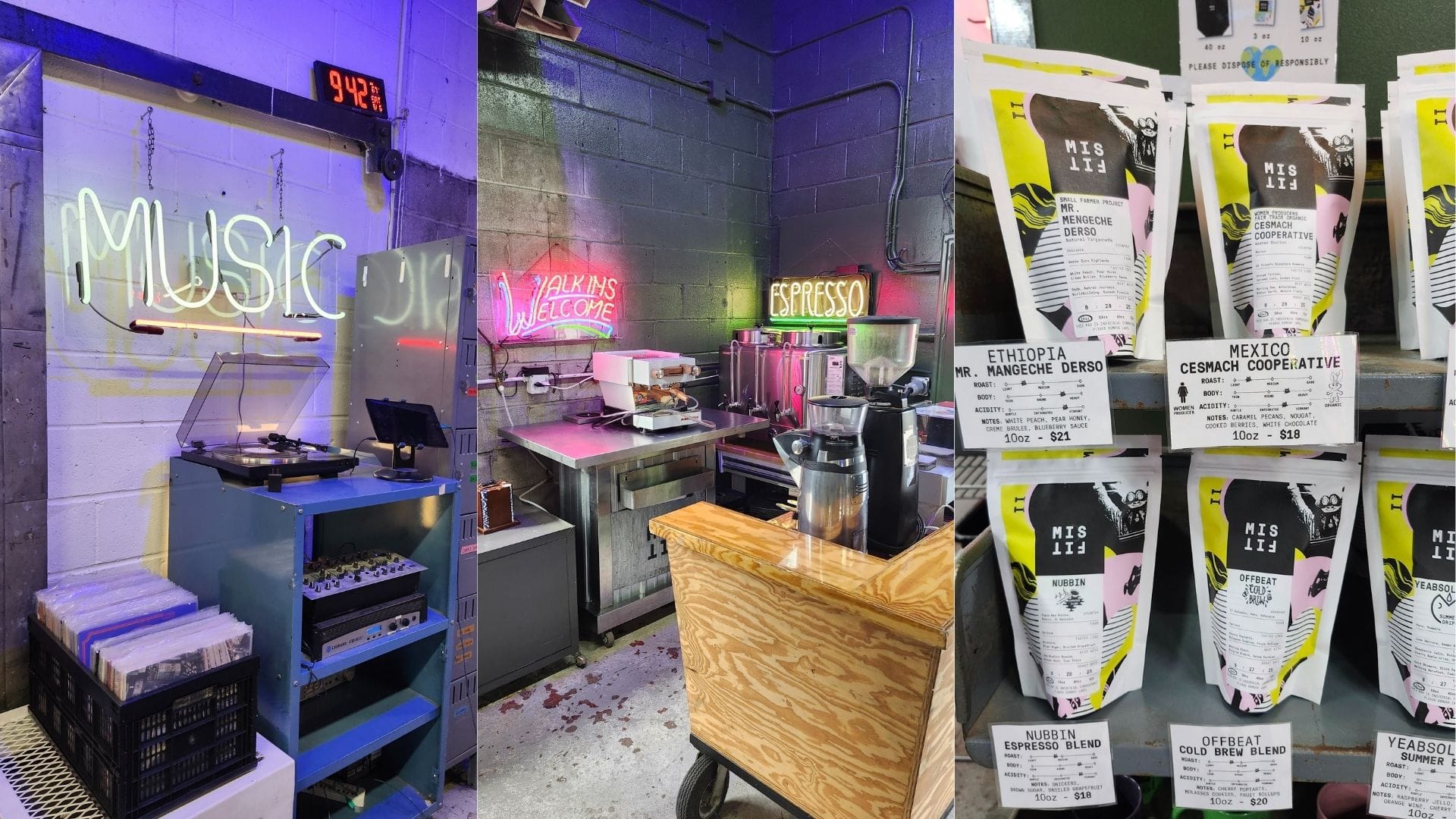 L-R: A crate of records under a neon sign that says, "Music." A corner with equipment for a coffee cart. Close-up of coffee bags from various origins.