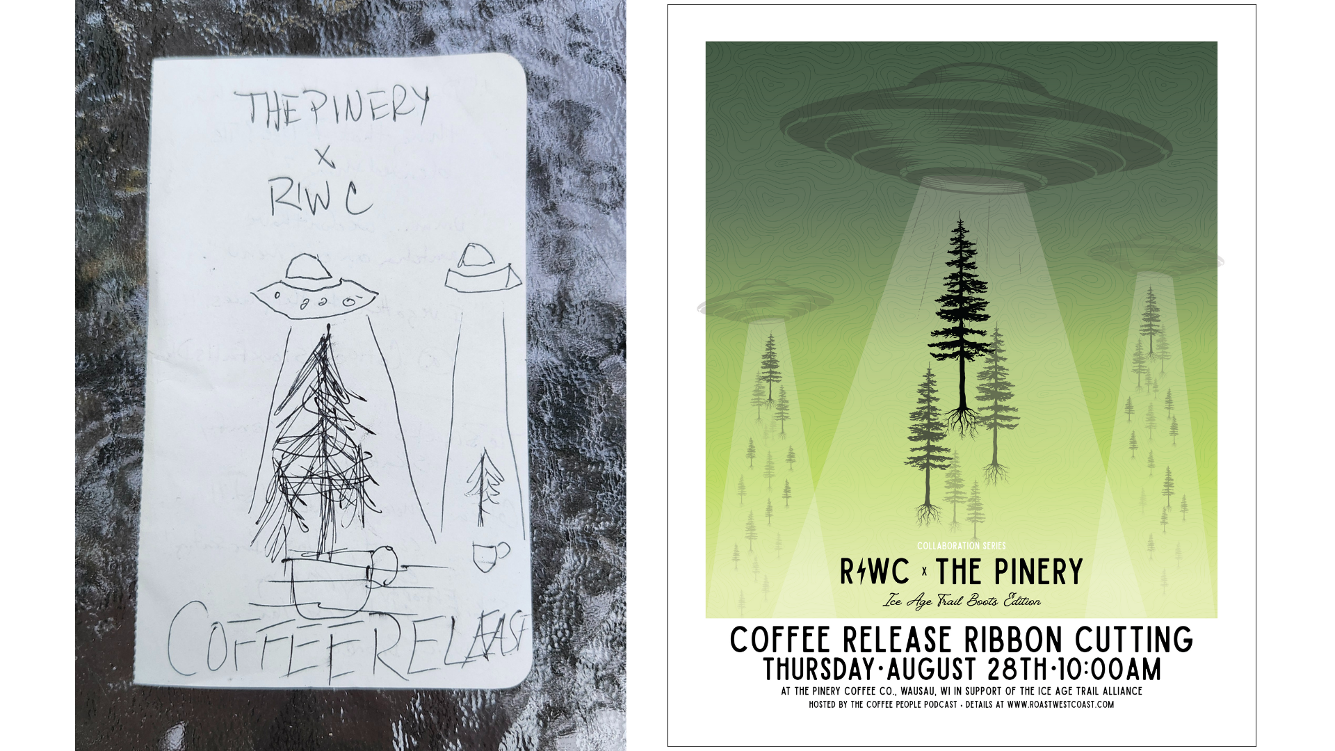 Left: A poorly drawn pen sketch of a tree being pulled from a coffee cup into a UFO. Right: The poster inspired by the sketch featuring three UFO's sucking trees up in their tractor beams over text about a Coffee Release Ribbon Cutting. The poster has a white background, black iconography, and a green gradient over a terrain map texture in the background.