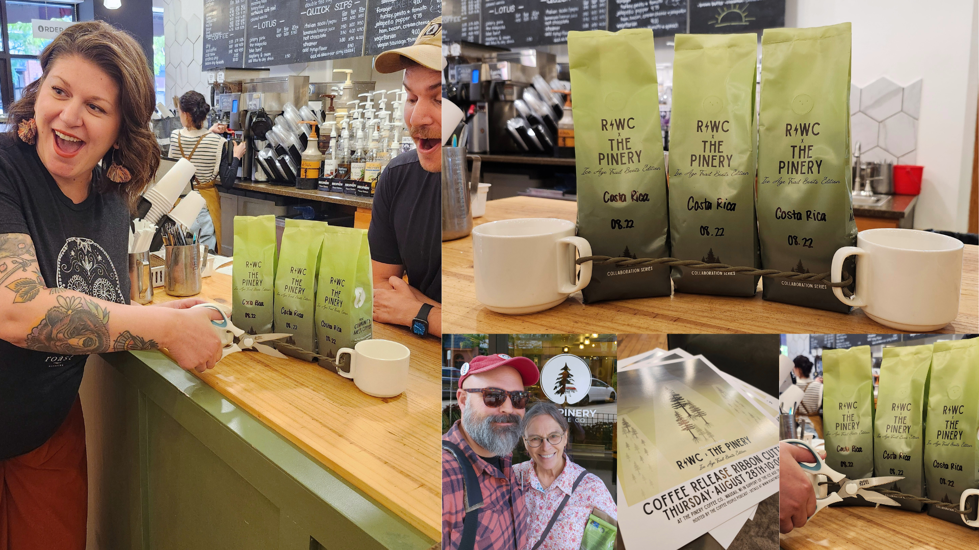 A collage. Large on the left a woman with a craft scissors cuts chord in front of a line-up of three coffee bags, while a barista looks on. On the right smaller images depict a bearded man in a red flannel and cap smiling and hugging his mom in front of the cafe door, the event posters featuring trees being pulled into alien spaceships, and a close-up of the scissors cutting the chord.