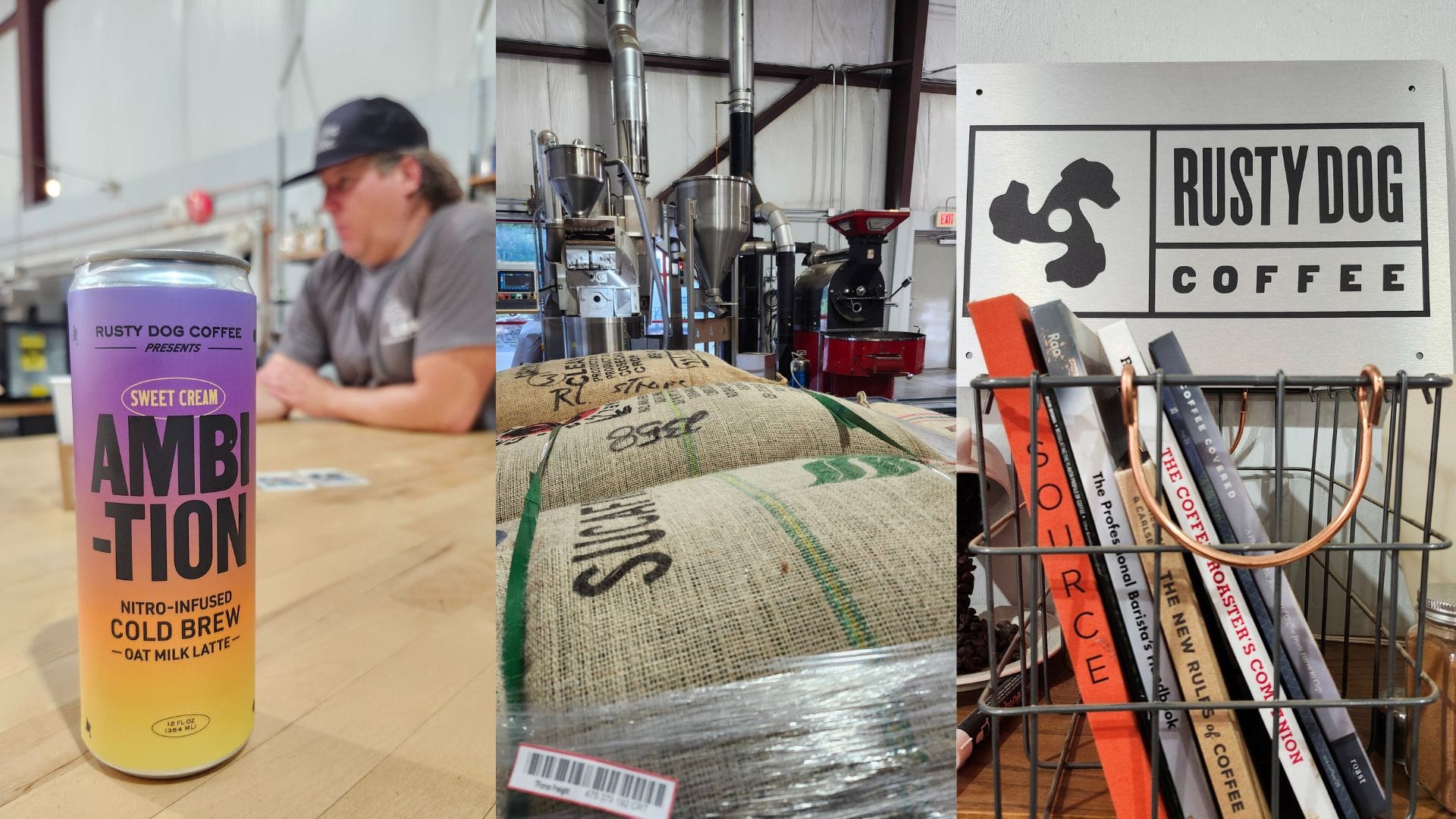 Left: Close up of a purple and yellow gradient tall, skinny can of cold brew. Middle: Burlap coffee bags in front of commercial roasting machines. Right: Books on coffee in front of the Rusty Dog Logo.