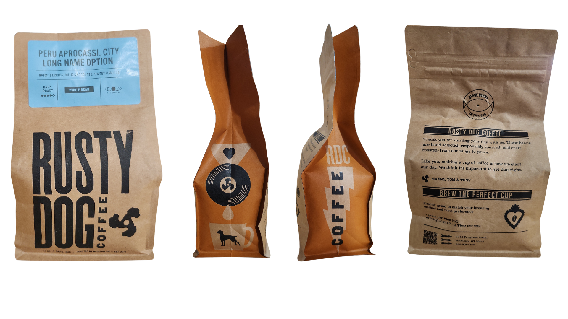Phots of all sides of the Rusty Dog Coffee bags. Black text on brown kraft paper on the front and back. Orange color block panels with icons representing music and collaboration on the sides.