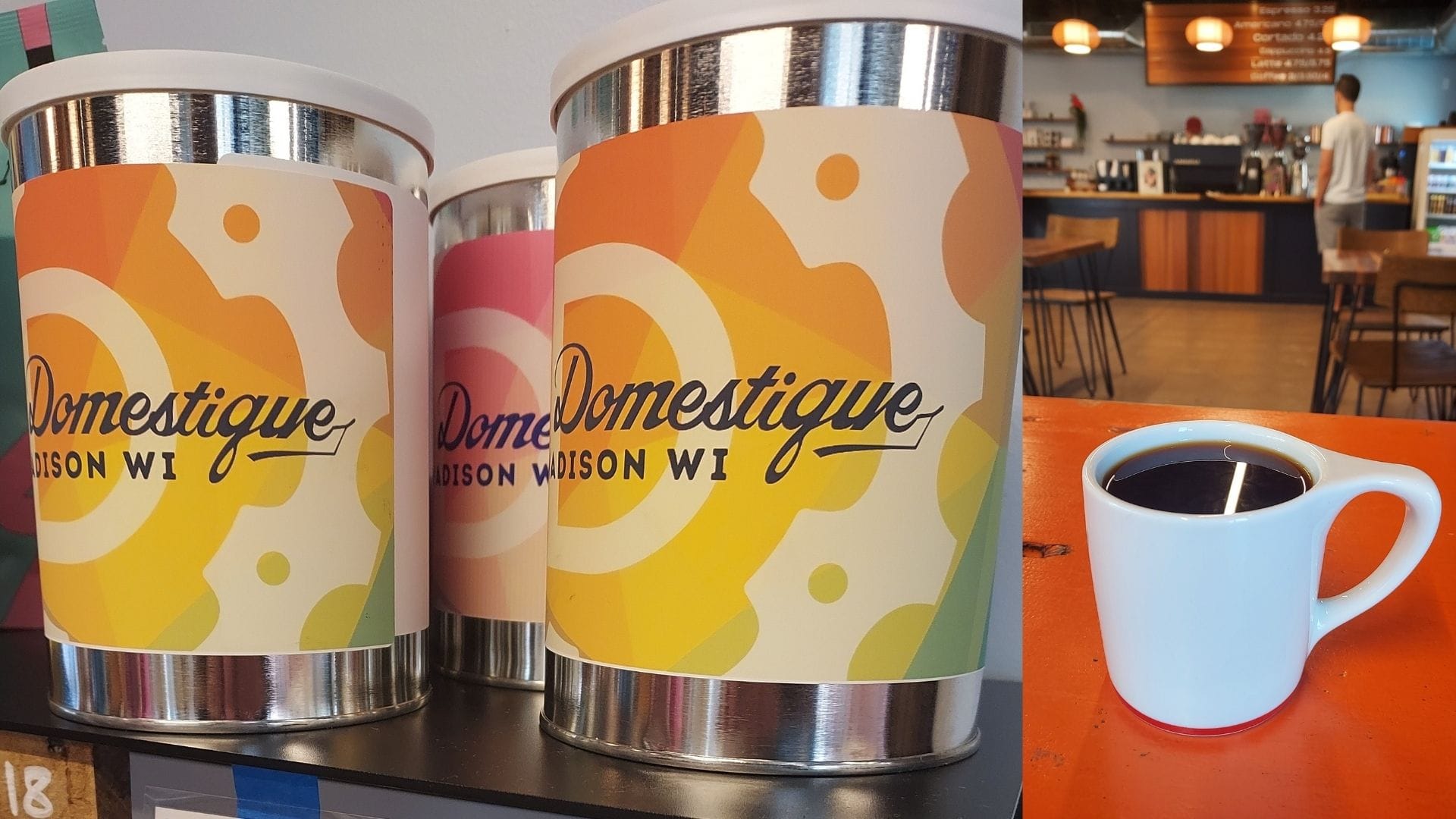 Left: Aluminum coffee cans with a colorful sticker label for Cafe Domestique. Right: A white mug filled with coffee sits on a bright orange table with a blurry cafe in the background.