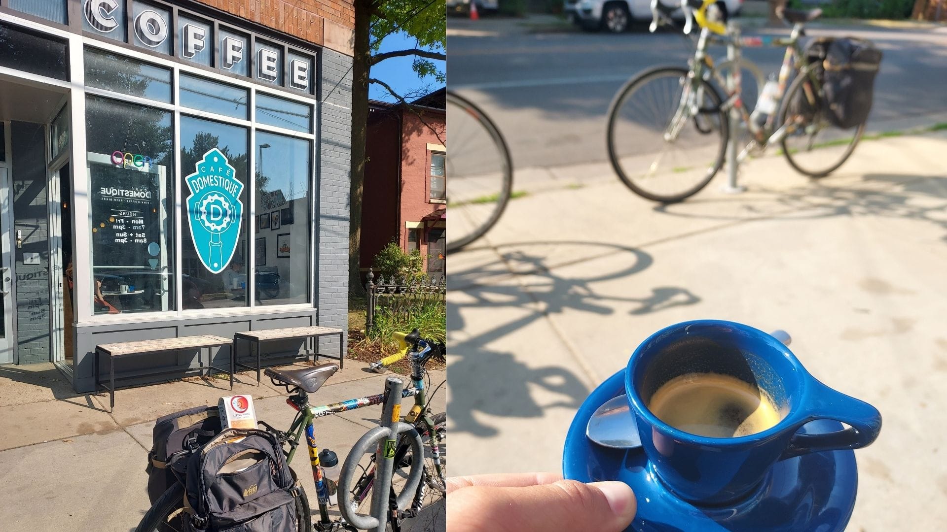 Left: A stickered road bicycle is parked in front of a brick building with a big glass window. The blue and white logo proclaims Cafe Domestique. Above the window the word COFFEE is printed. One letter in each window pane. Right: Up close is a shot of espresso in a blue mini mug on a blue saucer. In the back is a blurry bicycle locked up to a bike rack on the sidewalk.