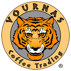 Vournas Coffee Trading Logo with an illustrated tiger staring at you from inside a circle with the brand name.