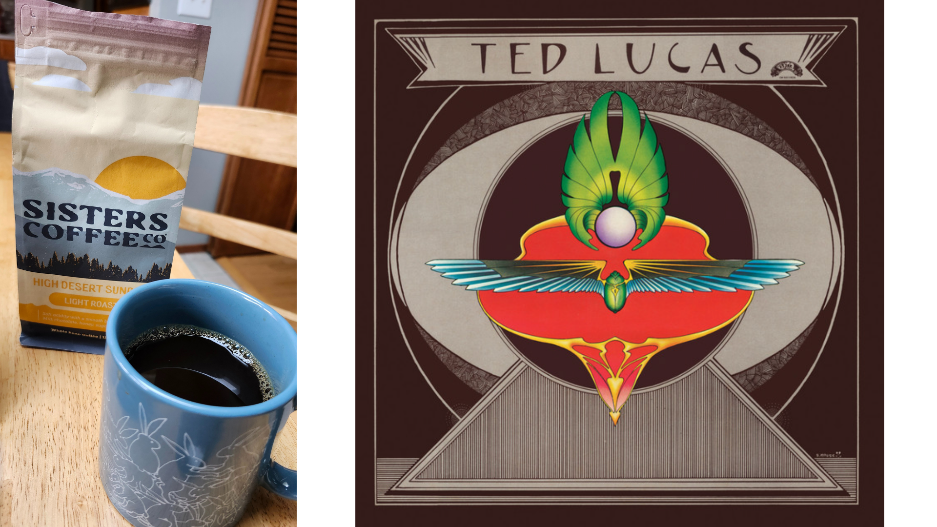 On the left, a full, blue, coffee mug sits on a pale wood kitchen table in front of a coffee bag with a blue and yellow pastel mountain scene. On the right the album cover for Ted Lucas by Ted Lucas: a brown background with vibrant red, yellow, and green emblem of an amulet with wings sits on an abstract monument creating an eye-like image.
