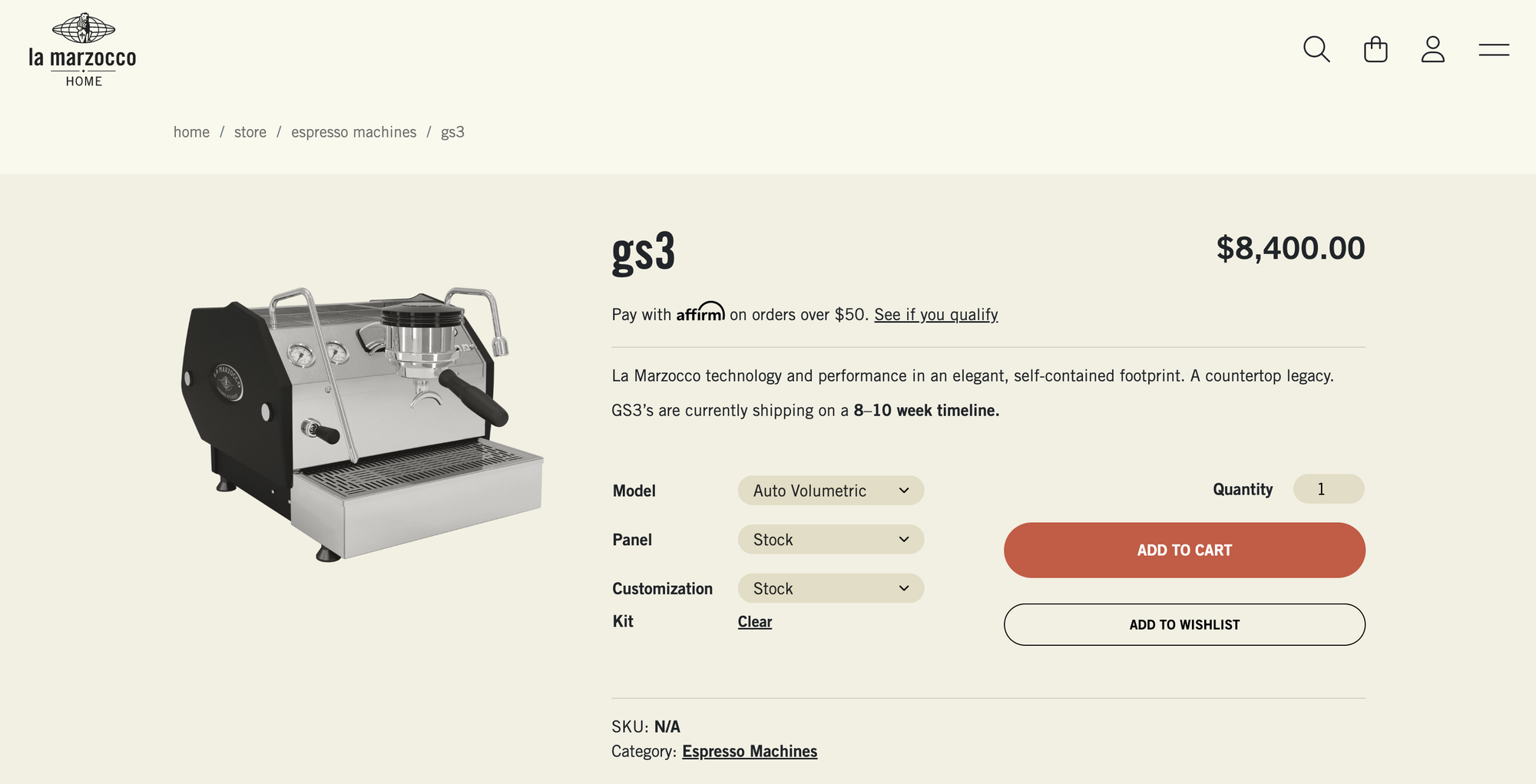 An online store listing for a single group head espresso machine.