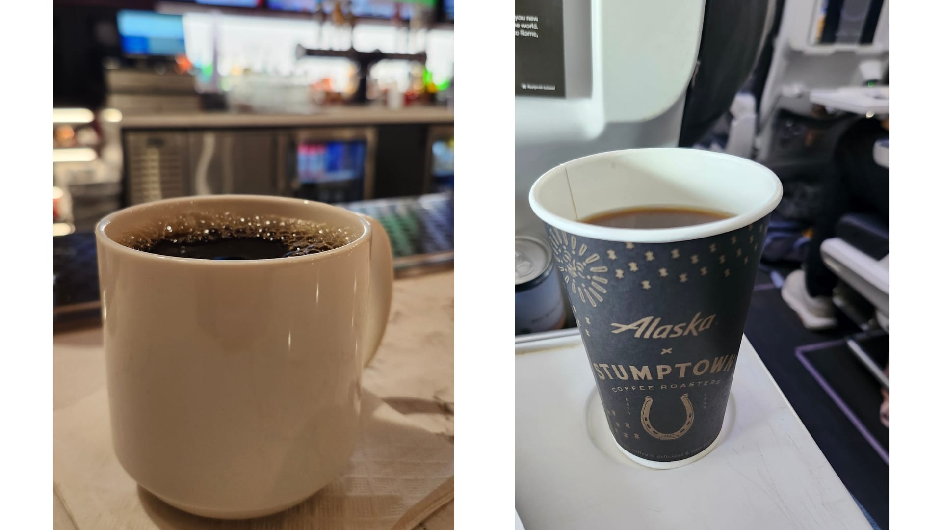 Left: A white diner-style cup of coffee sits on a bar with beer taps and TVs blurred out in the background. Right: A disposable coffee cup is full and on a fold down airplane seat tray.