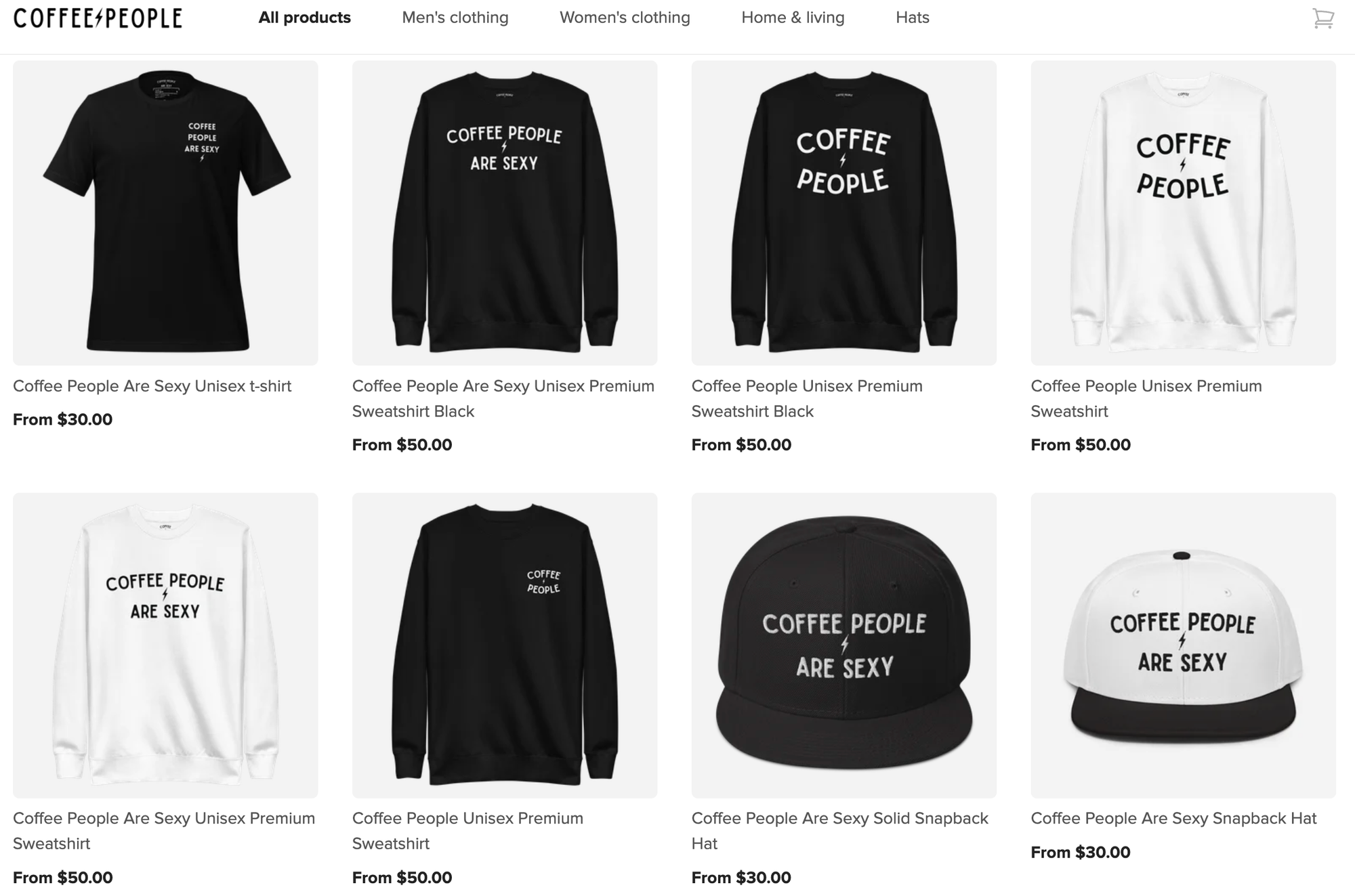 A screenshot of the Coffee People Are Sexy online shop featuring hats and shirts.
