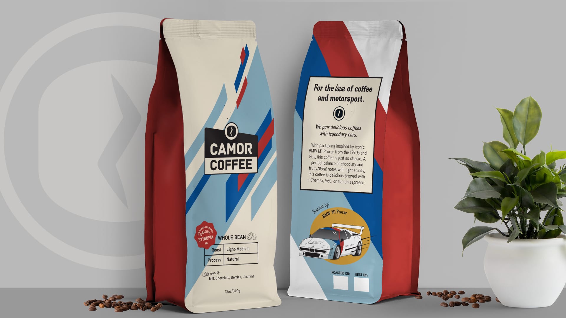 Stock photo of a flat-bottom coffee bag front and back. The design is a race car theme in the colors of red white and blue.