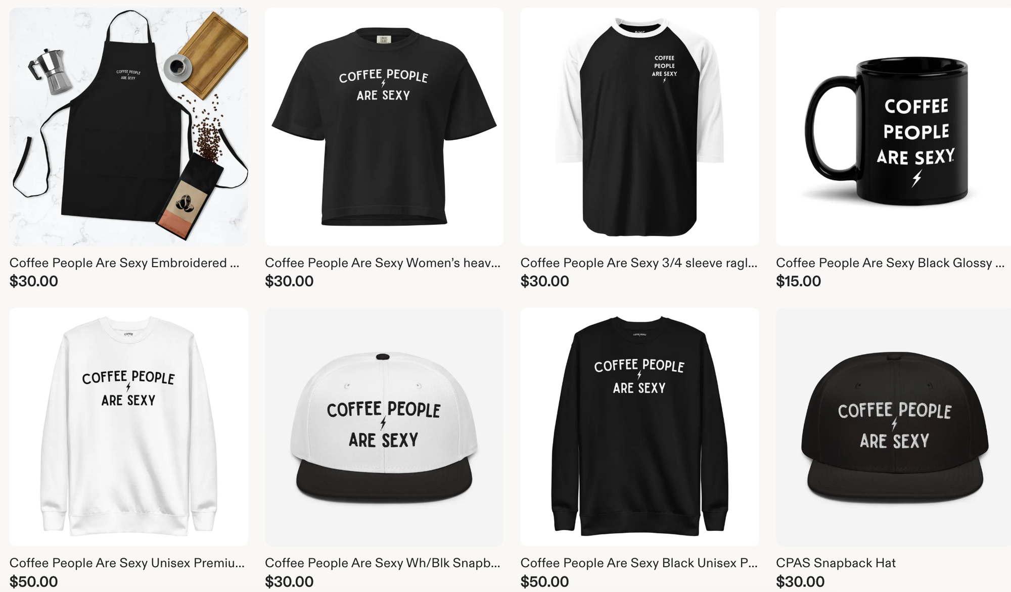 Coffee People Are Sexy Etsy Shop screenshot of items for sale like hats, tees, and barista aprons.