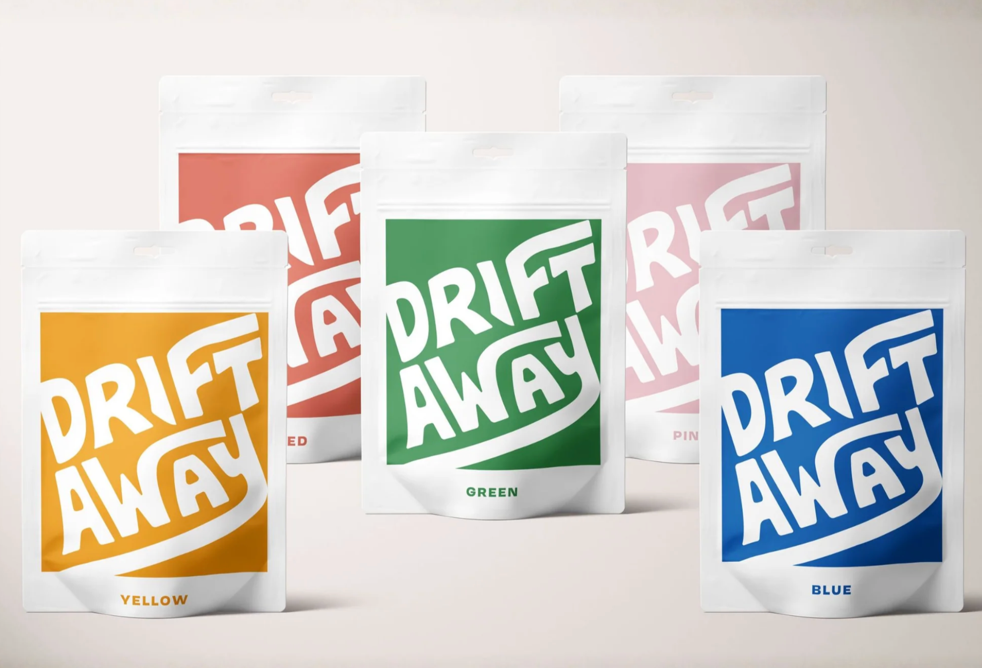 A product close-up of multiple coffee bags featuring the same hand-drawn fonts in white on various color blocks.