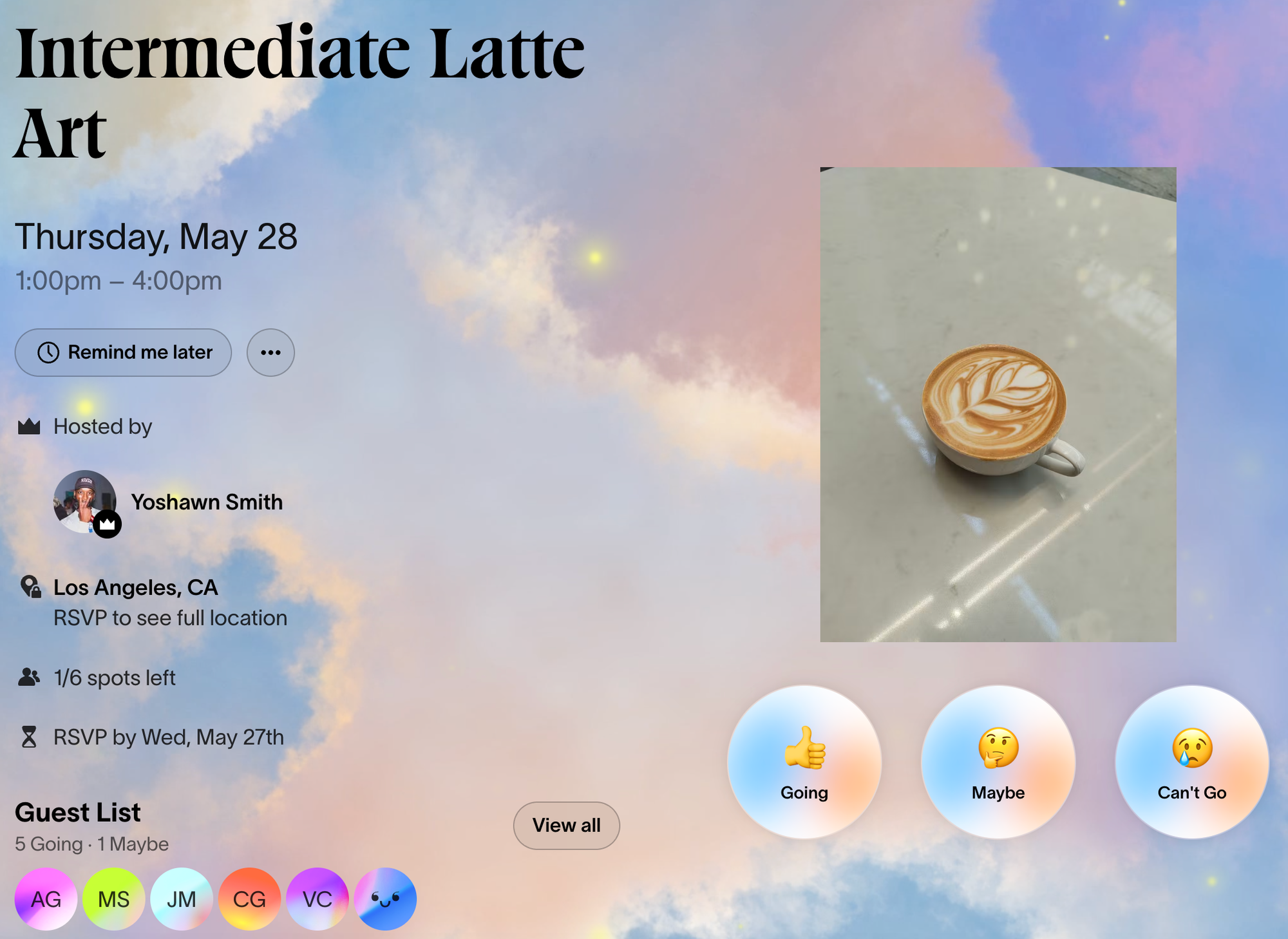 An online class registration page for learning intermediate latte art skills.