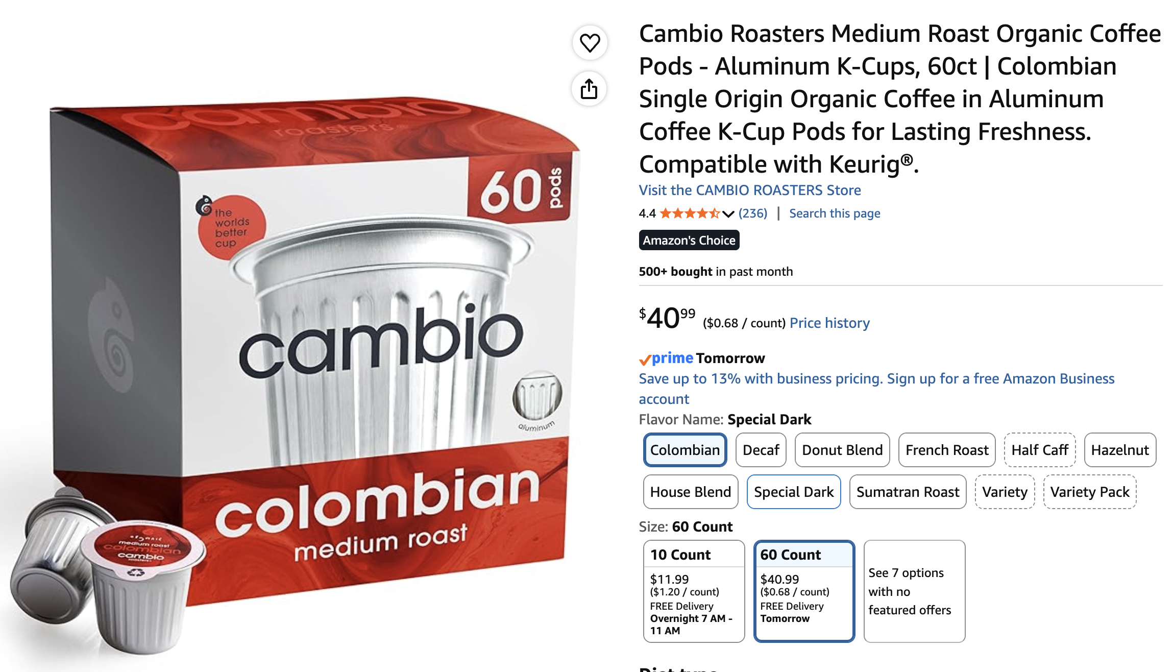 An online shopping post for coffee pods. On the left an image of the box with a red stripe with the coffee details and brand name. On the right, a listing of all the purchase options.
