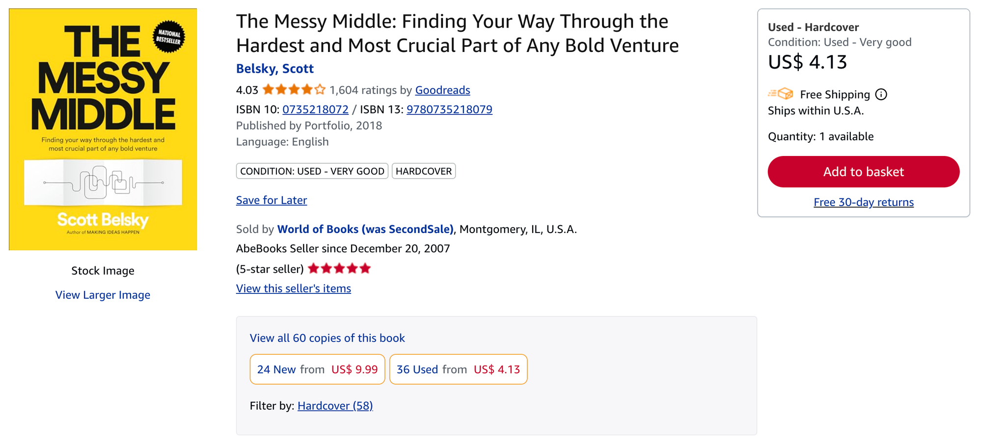 Shopping display for the book The Messy Middle. A copy of the yellow book cover is on the left. An add to basket button in red is on the far right, and book details are in the middle.