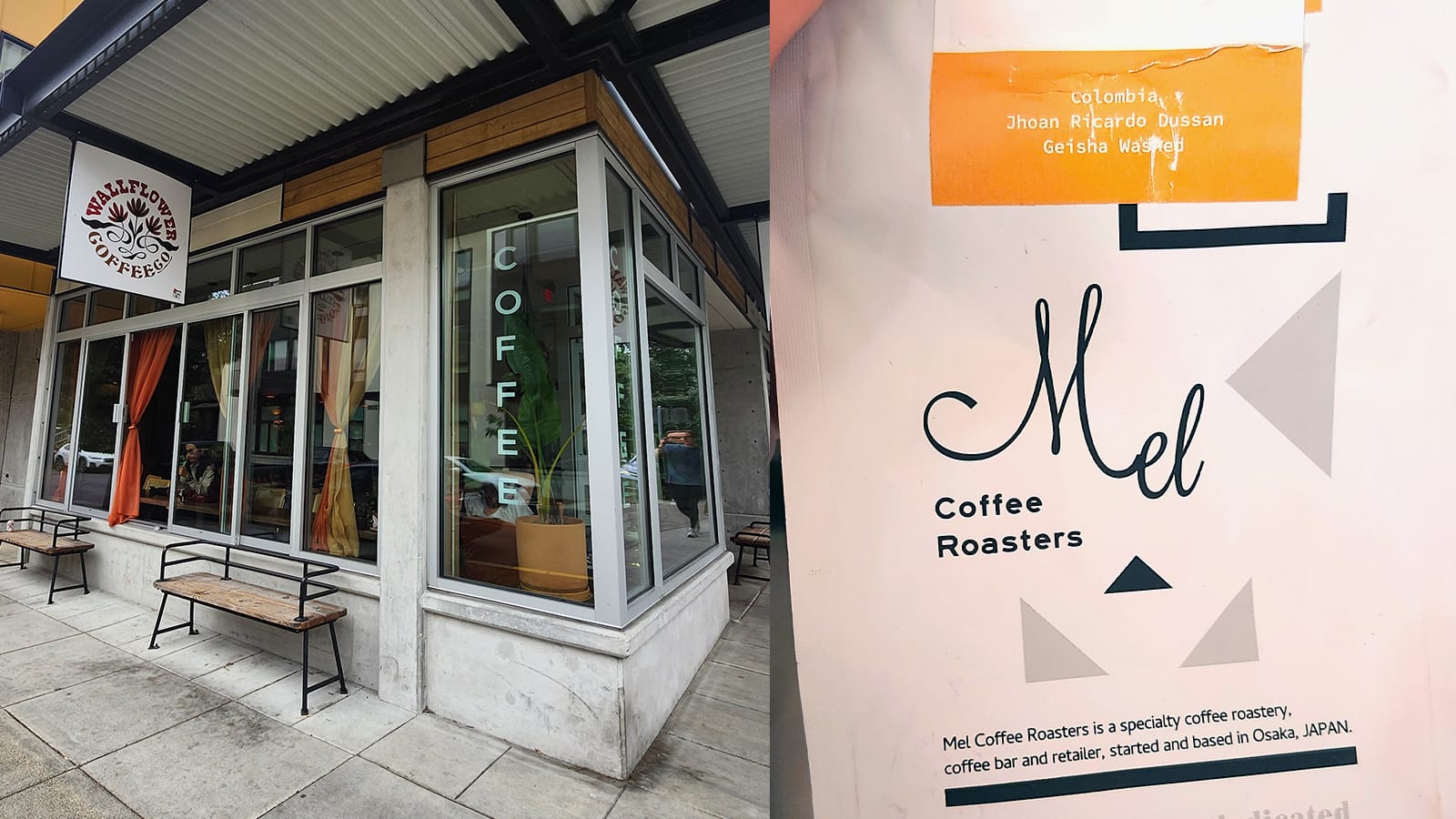 Left: A corner photo of a coffee shop in a mixed-use building. A mix of concrete and wood facade set up off by two benches in front of tall windows. Right: A close up of a white coffee package for Mel Coffee Roasters. "Mel" is written in a tall, flowing cursive script.
