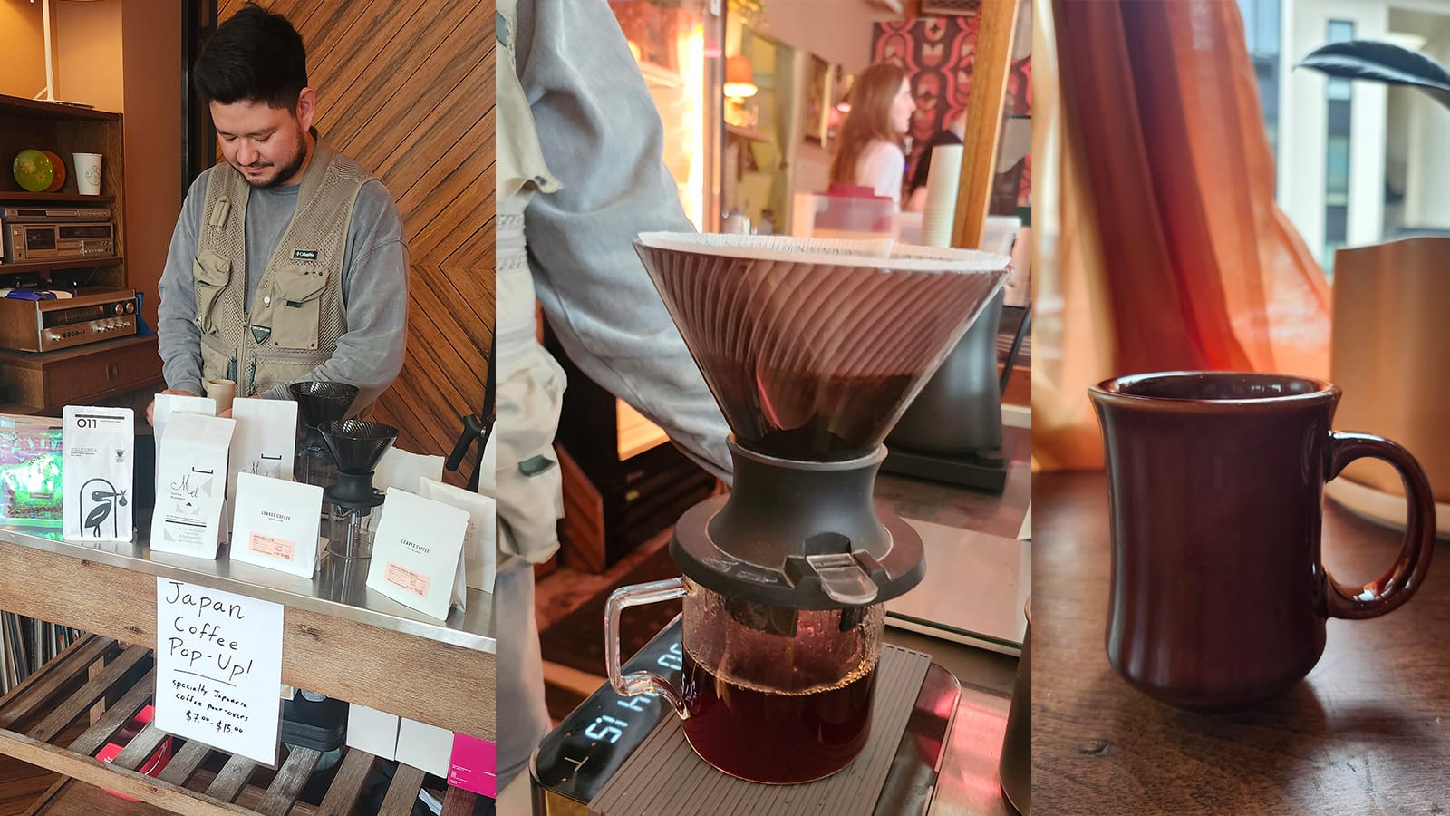 Left: A barista in a park ranger style coffee vest brews coffee standing behind a table full of various coffee packages. He is looking down and focused on his work. Center: A close up of a coffee being brewed into a glass carafe from a cone-shaped pourover brewer. Right: A close up of a brown coffee mug with steam drifting upward in front of a window covered in a sheer orange covering.