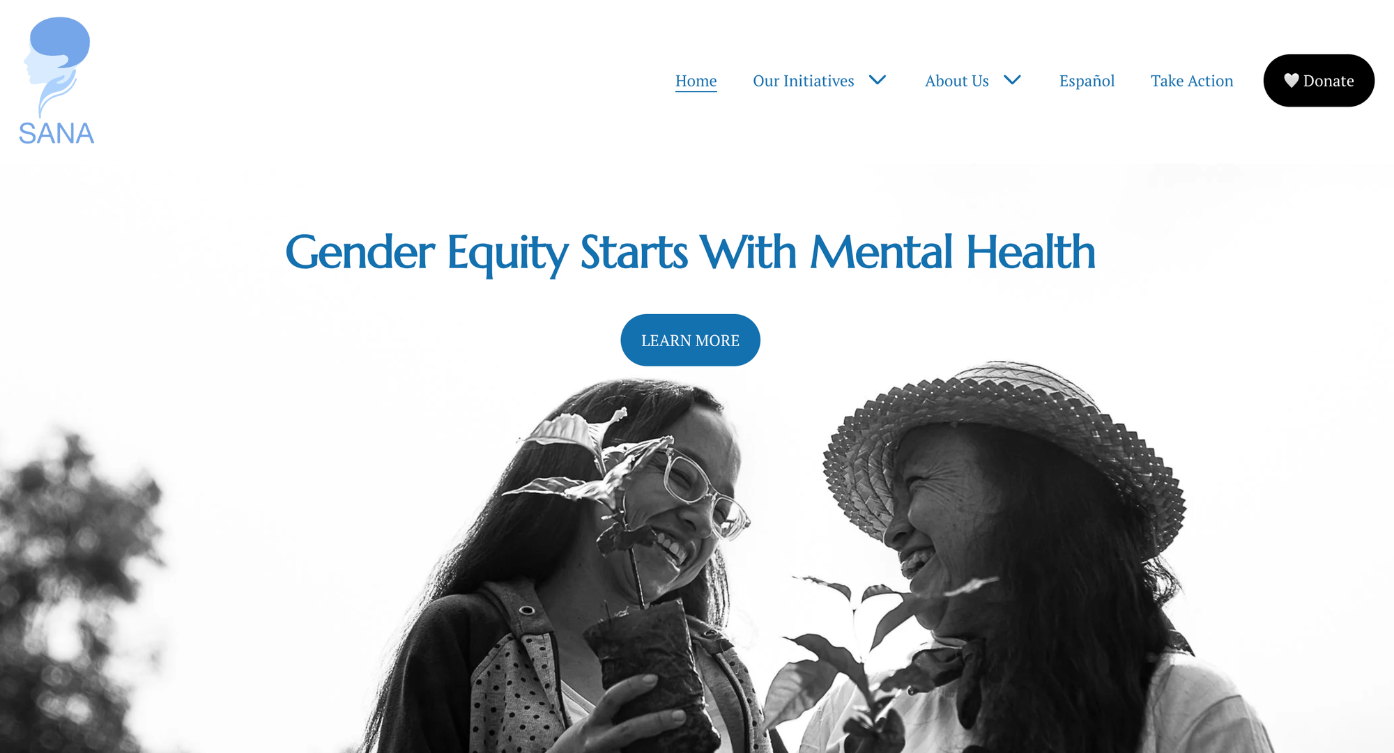 Screenshot of the SANA website. black and white photo of two smiling women standing outside smiling at each other holding coffee plant starters. Text in blue against the white of the sky.