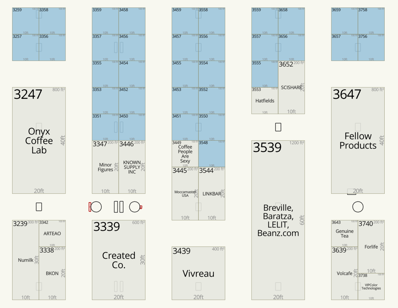 A partial floor map of the New Orleans convention center showing taken and open booth spaces for a coffee convention.