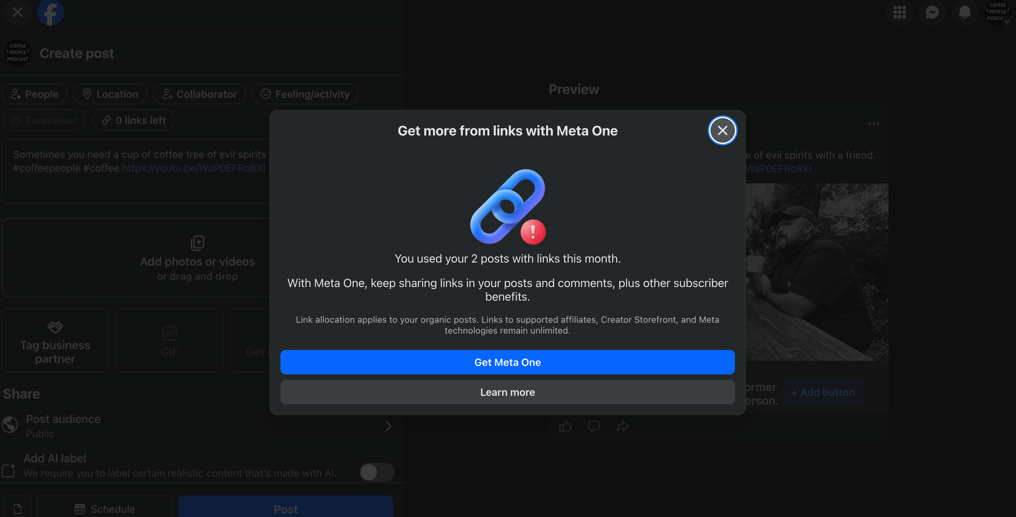 Screenshot of Facebook page ad for Meta One Ai subscription.
