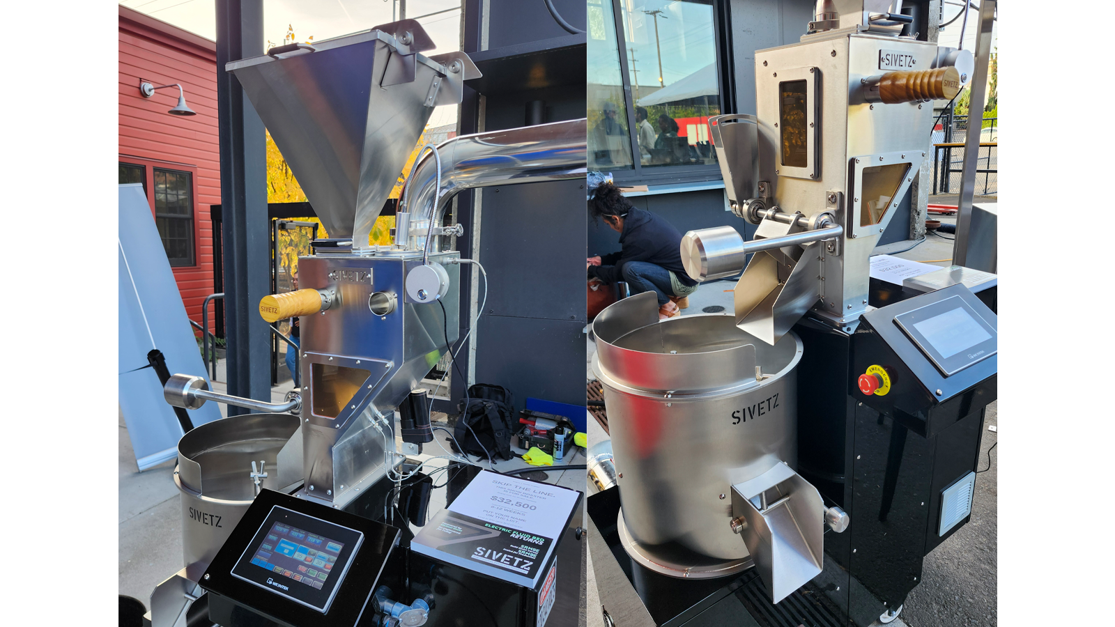 Two images of the gleaming chrome Sivetz electric coffee roasting machine.