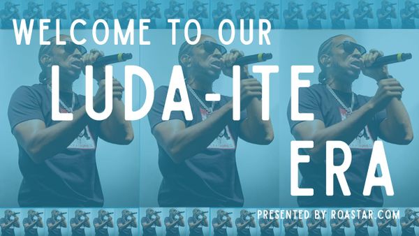 Header image of text over many identical images of Ludacris rapping into a microphone against a blue-gray sky.