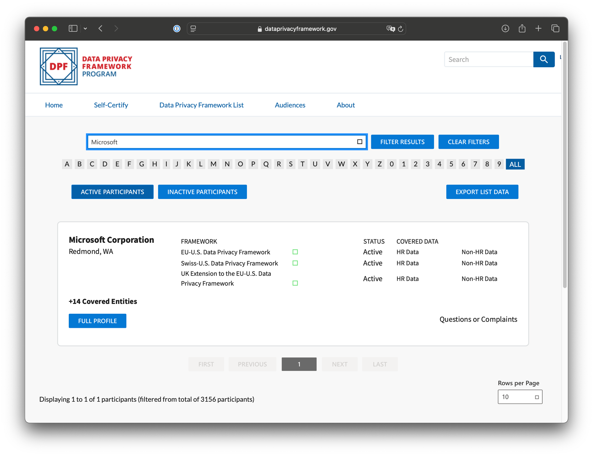 Screenshot of entry of self-certified company Microsoft on dataprivacyframework.gov