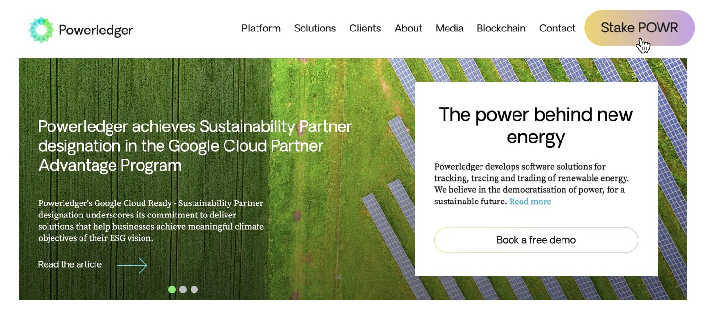 Powerledged homepage screenshot, focusing on "Stake POWR" button