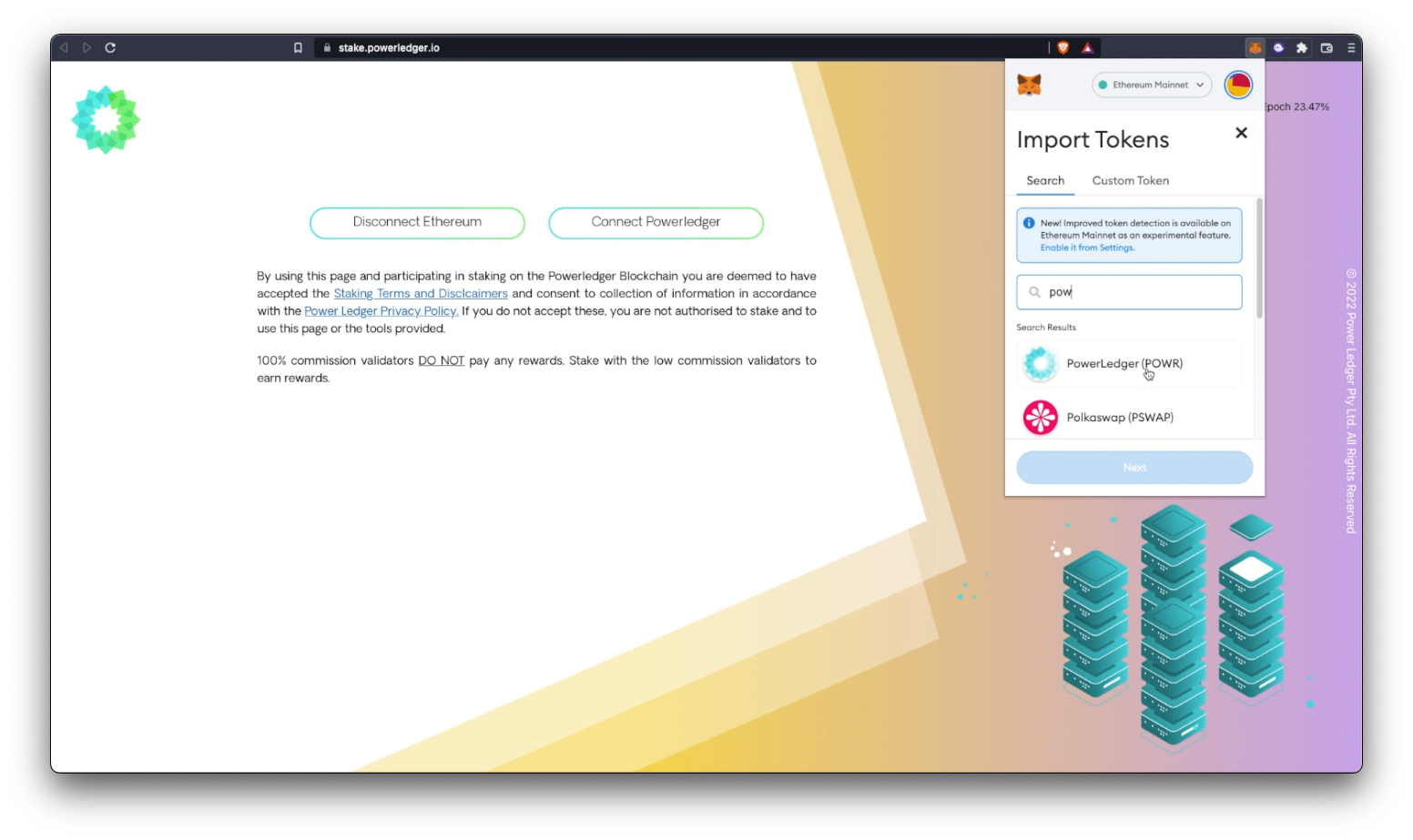 Screenshot of connecting MetaMask wallet extension and searching by PowerLedger (POWR)