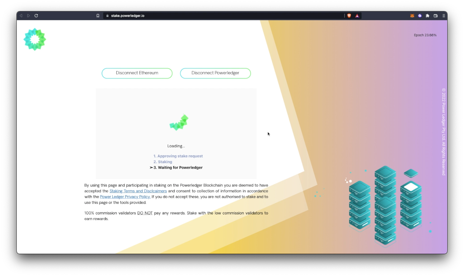 PowerLedger dashboard, showing loader while waiting for transaction result.