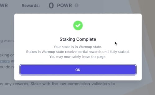 PowerLedger dashboard - Dialog with "Staking Complete"