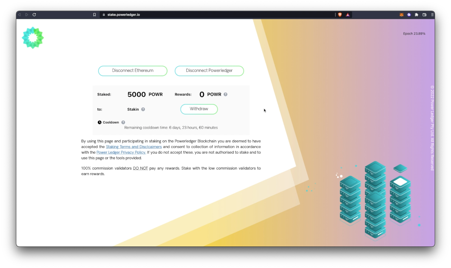 PowerLedger dashboard, showing Cooldown remaining time left.