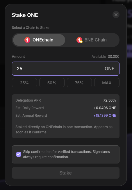 Enter the amount of ONE tokens you wish to stak