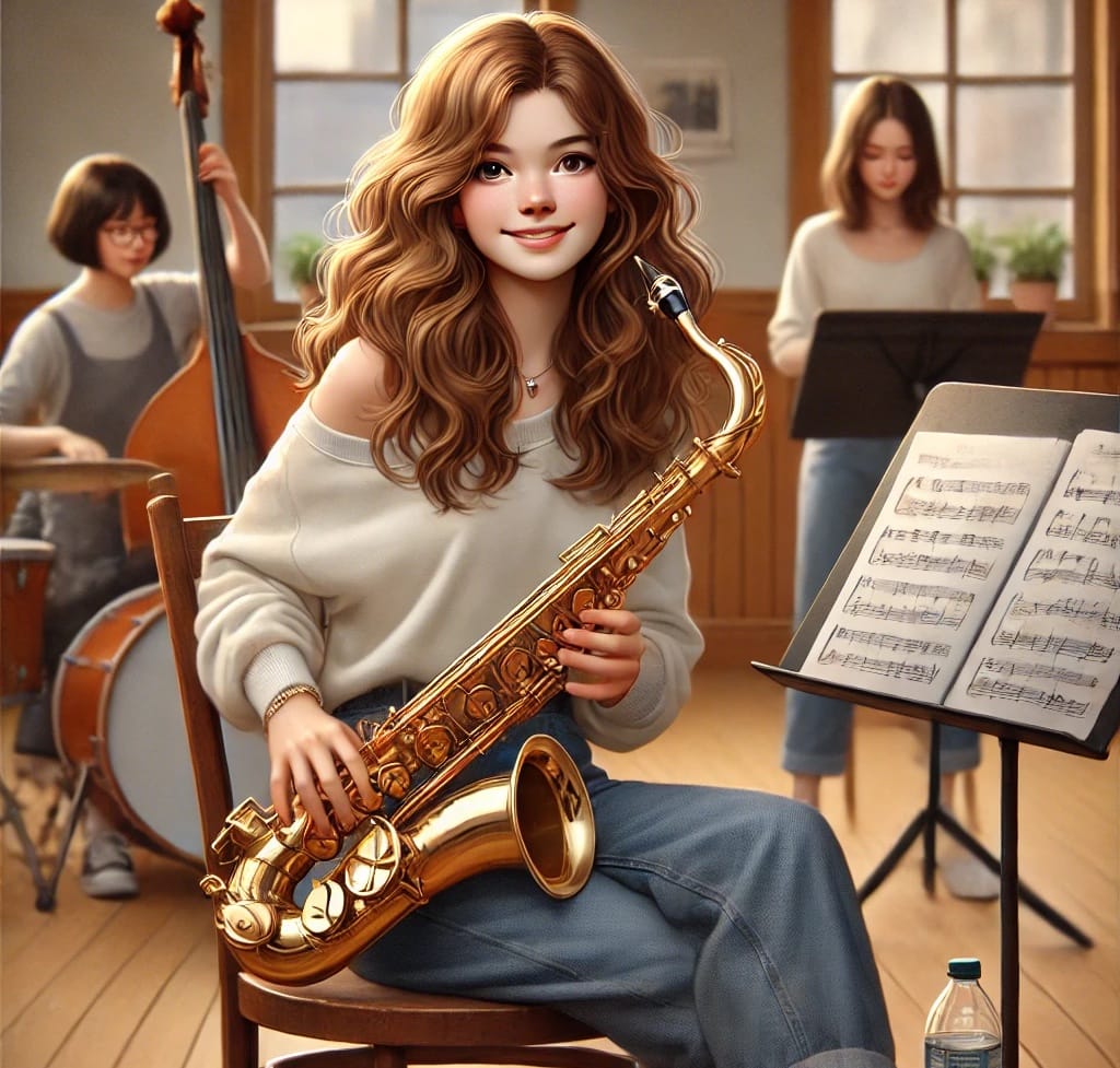 A realistic illustration of a young woman with long, wavy brown hair and fair skin sitting in a warmly lit rehearsal room, playing the saxophone. She wears simple casual clothes and appears focused, expressive, and joyful. Around her, other young musicians quietly play their instruments, creating a calm, supportive atmosphere. Nearby are sheet music, a water bottle, and a music stand. The cozy setting reflects dedication, creativity, and the quiet beauty of personal growth through practice.