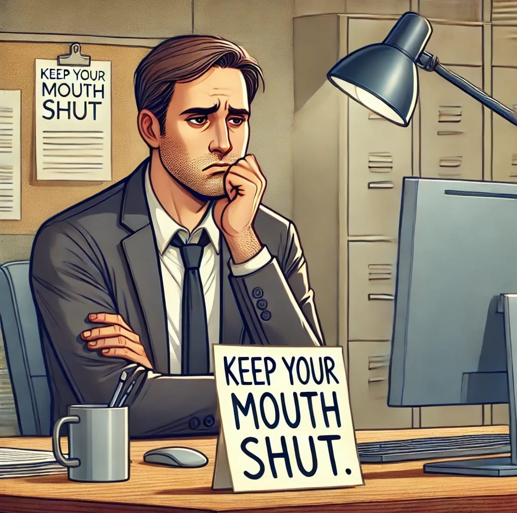 A young man in a suit sits at his office desk looking depressed. A sign on his desk reads “Keep your mind shut,” and the same note is pinned to his to-do board — symbolizing workplace silence and suppression.