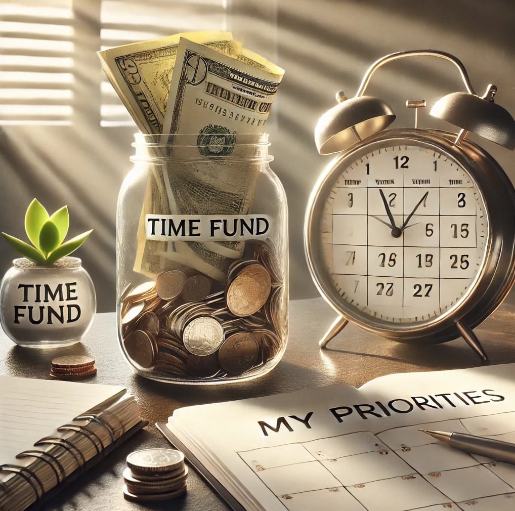 Minimalist desk with a “Time Fund” jar, clock, and notebook titled “My Priorities,” lit by soft sunlight — symbolizing money as a tool for freedom and intentional living.