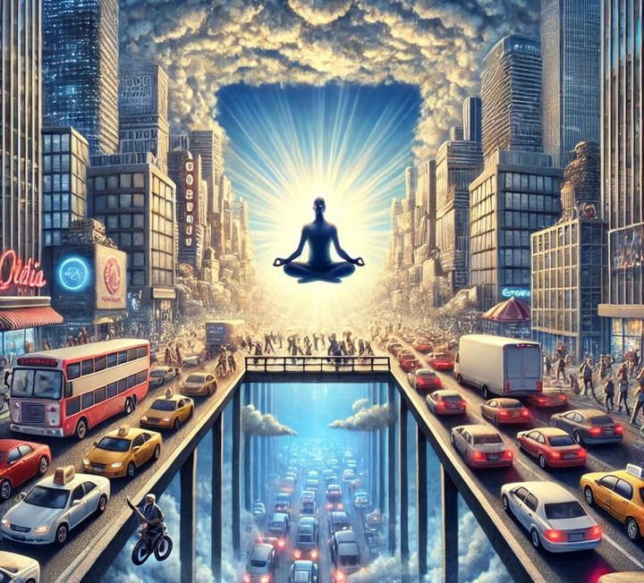 A digital collage of a chaotic cityscape with skyscrapers, traffic, and noise, overlaid by a calm figure meditating above it all, surrounded by radiant light symbolizing peace amid chaos.