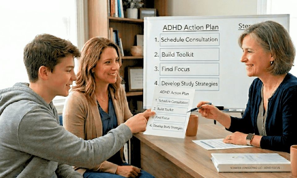 Therapist at Schafer Consulting LLC in East Lansing reviewing a 4-step ADHD Action Plan with a teen boy and his mom in an office