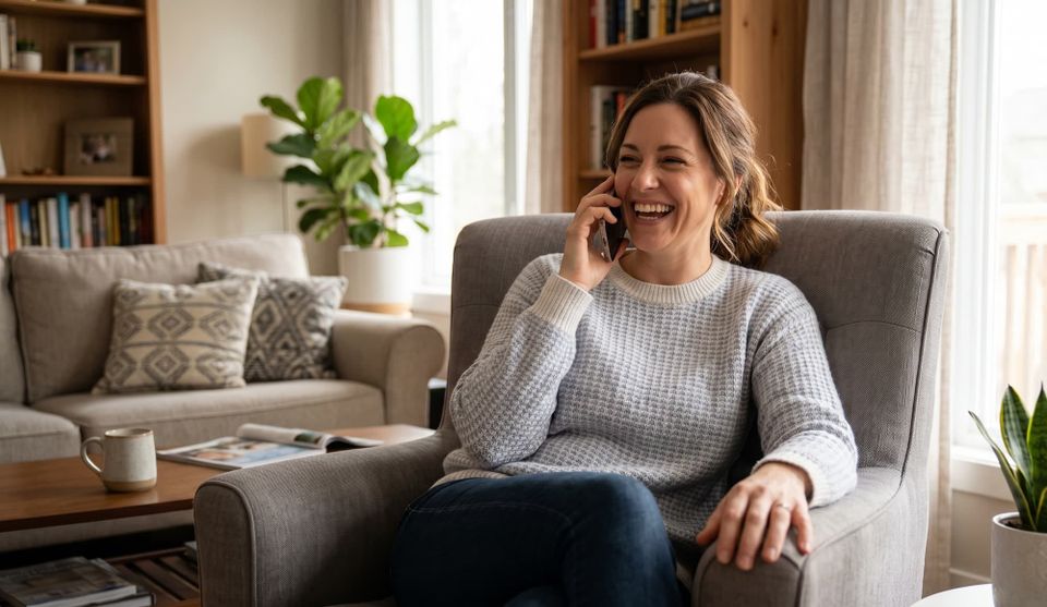 A happy woman on a phone, visualizing the relief and joy clients experience after specialized anxiety therapy at Schafer Consulting in Lansing, MI, getting you unstuck