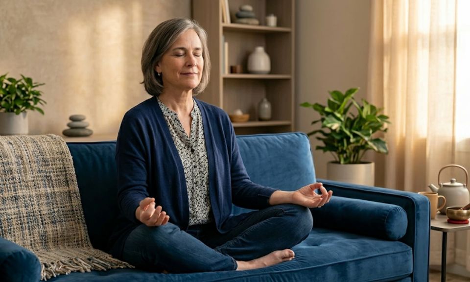 Adult woman practicing calming mindfulness meditation on a blue couch during an anxiety therapy session at Schafer Consulting LLC in Lansing, MI.