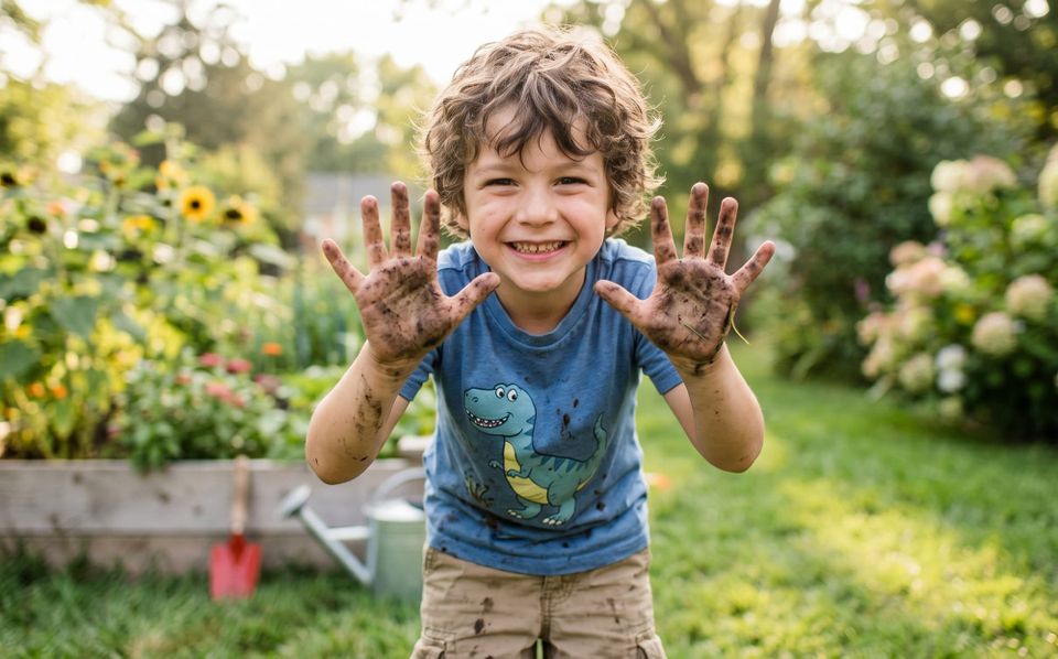 A boy with dirty hands visualizing the active, engaged, and successful life children achieve after receiving specialized counseling for OCD at Schafer Consulting LLC in Lansing, Michigan