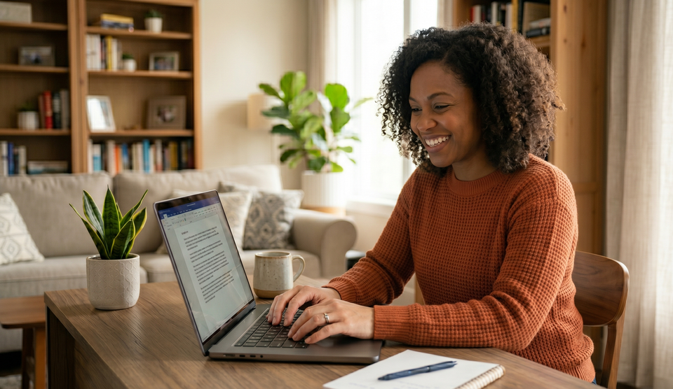 Smiling woman typing office desk. This is illustrating focused productivity and career success achieved with specialized counseling services at Schafer Consulting LLC in Lansing, Michigan