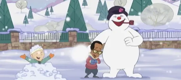 Two children enjoying the company of Frosty the Snowman 