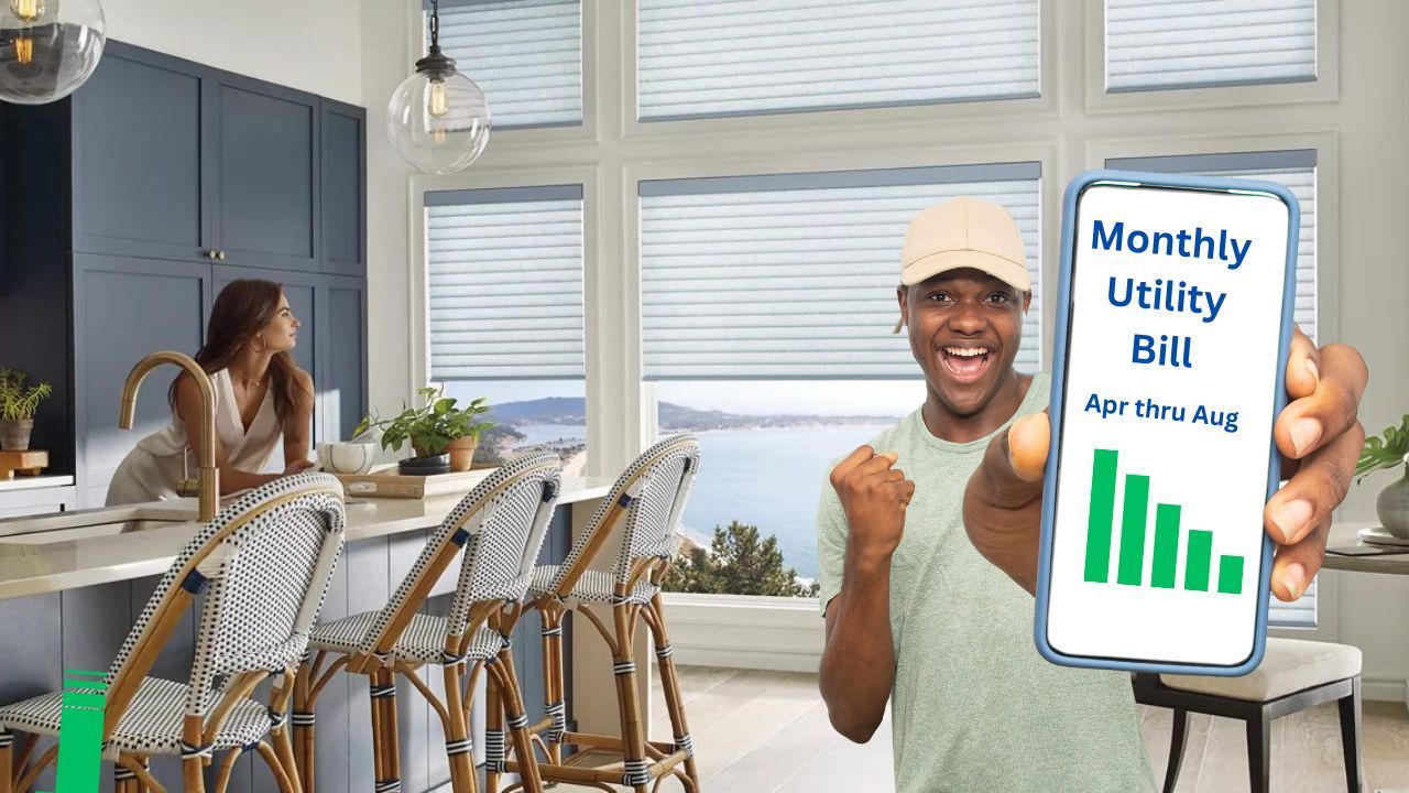 Kitchen With Cellular Shades and Man With Reduced Utility Bill