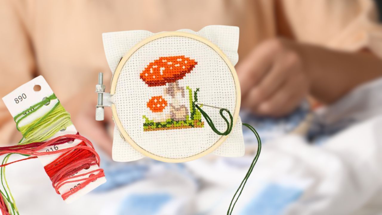 Person Embroidering Behind Mushroom Embroidery Kit