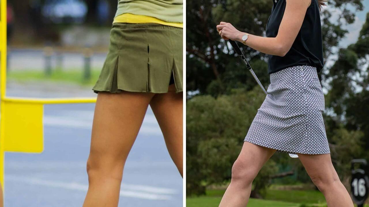 Woman wearing a pickleball skirt and a woman wearing a golf skort