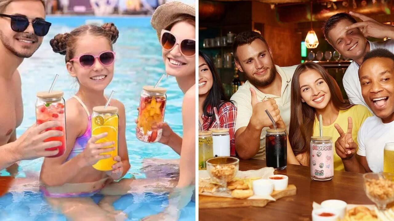 Two groups of people drinking their favorite beverage in a glass cup with a lid and straw