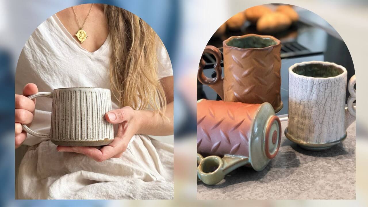 Images of a ceramic mug and three porcelain mugs