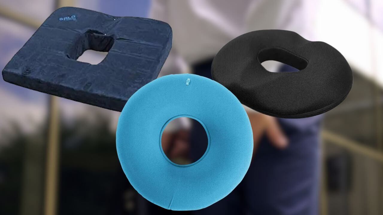 Images of three kinds of cushions for hemorrhoids with man in background