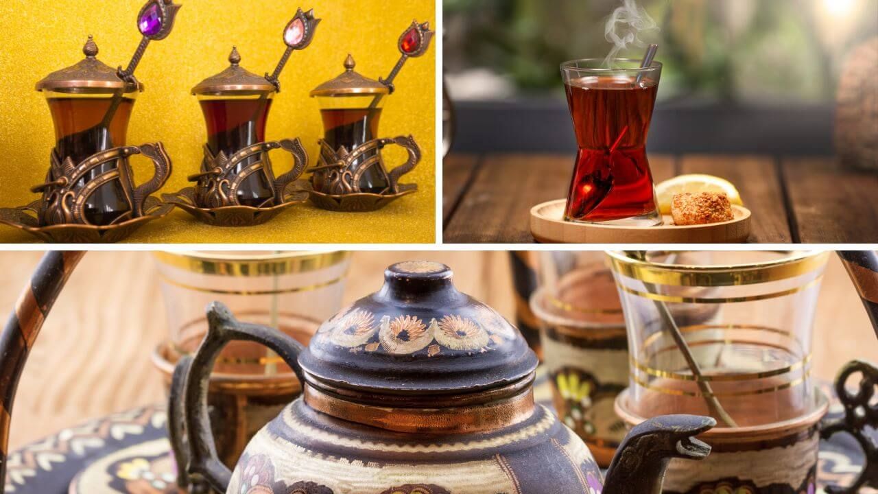 Three pictures of Turkish tea sets