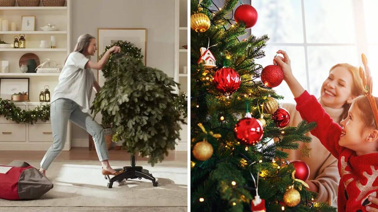 Woman assembling an artificial Christmas tree and two people decorating a real Christmas tree